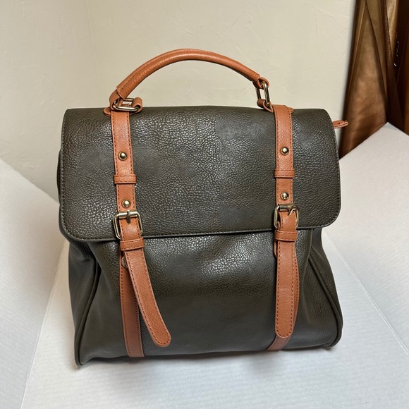 MMS Design Studio Handbags - MMS Olive Green Cognac Brown Vegan Leather Convertible Backpack Satchel Bag